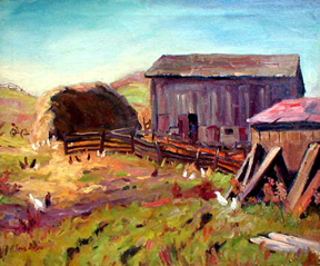 Barn and Haystack with Chickens