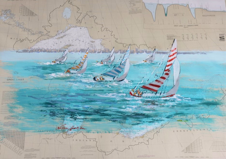 Great Lakes 2 painting on
            nautical chart