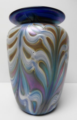 Blue rim feathered white and blue vase
