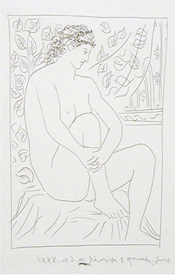 Femme nue
                  assise devant un Rideau