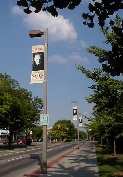 Picasso
                        banners on lamp posts in downtown East Lansing