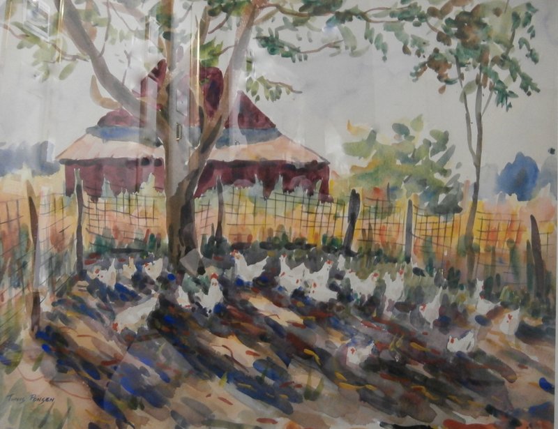 Flock of chickens in fenced yard