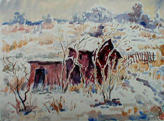 Old Farm Building And Red
                    Fences In WInter