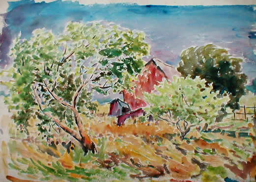 Two Apple Trees And Farm
                    Builidngs