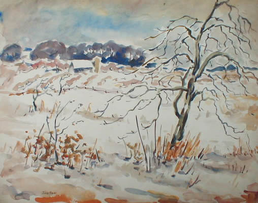 Winter Landscape With Orchard Trees And Barn