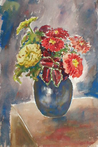 Yellow And Red Flowers In Dark Blue Vase