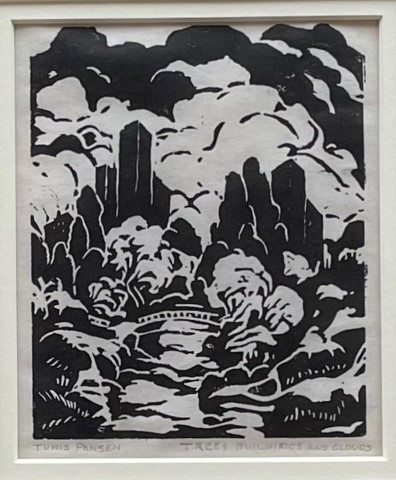 Trees, Buildings, and Clouds Ponsen linocut