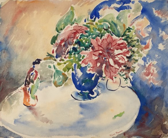 Flowers in Blue Vase with Figurine on Round
                    Table