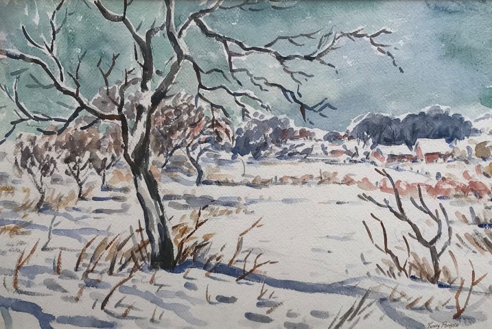 Gray Tree in Winter Farm Scene