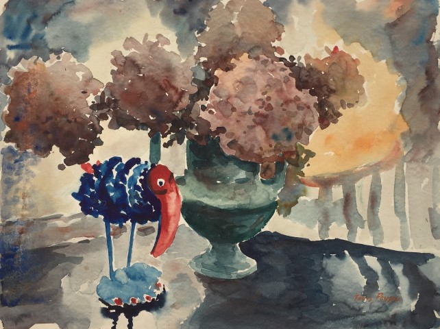 Handled Vase with Red and Blue Bird