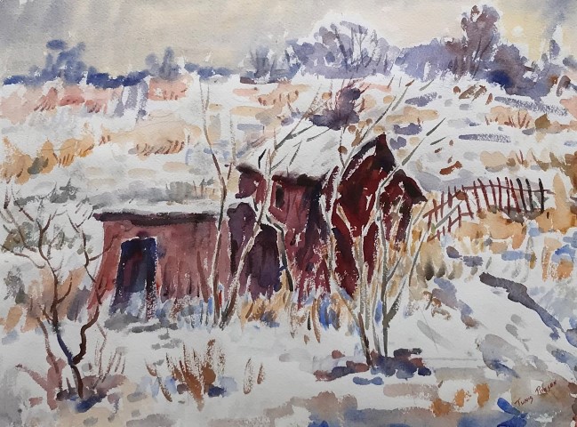 Old Farm Building and Red Fences in Winter