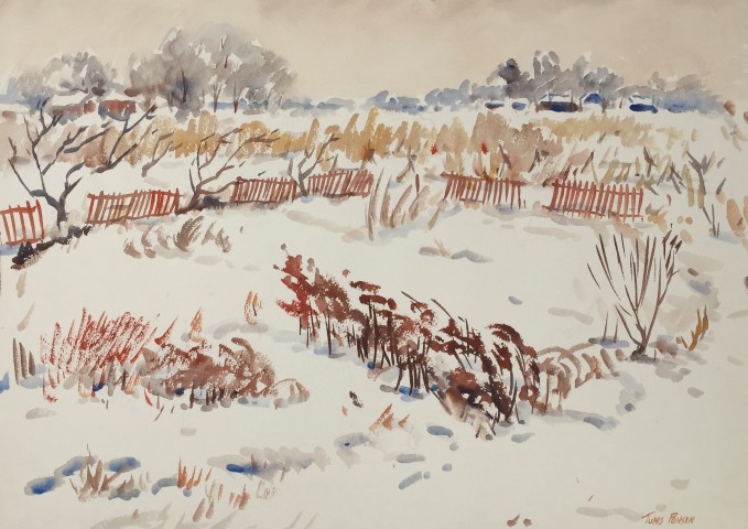 Red
                    Fence in Snowy Field