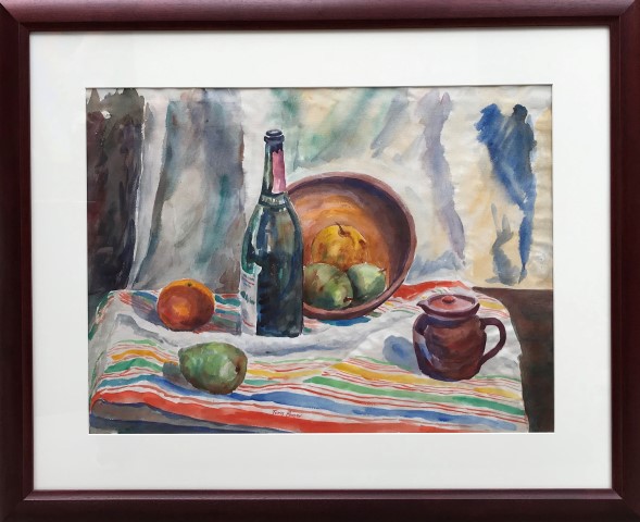 Wine Bottle and Fruit on Striped Cloth